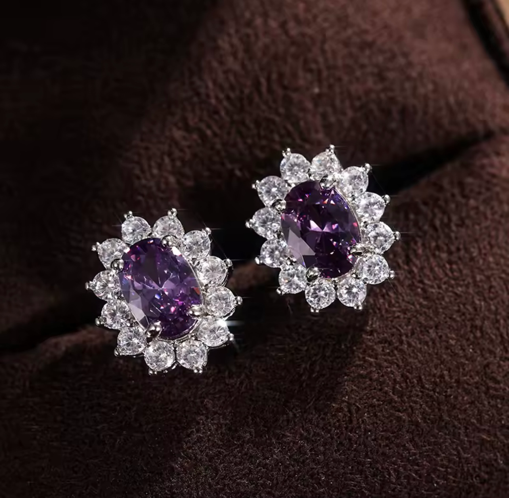[S200] Arete Studs Diana Amatista Plata .925 con baño de rodio