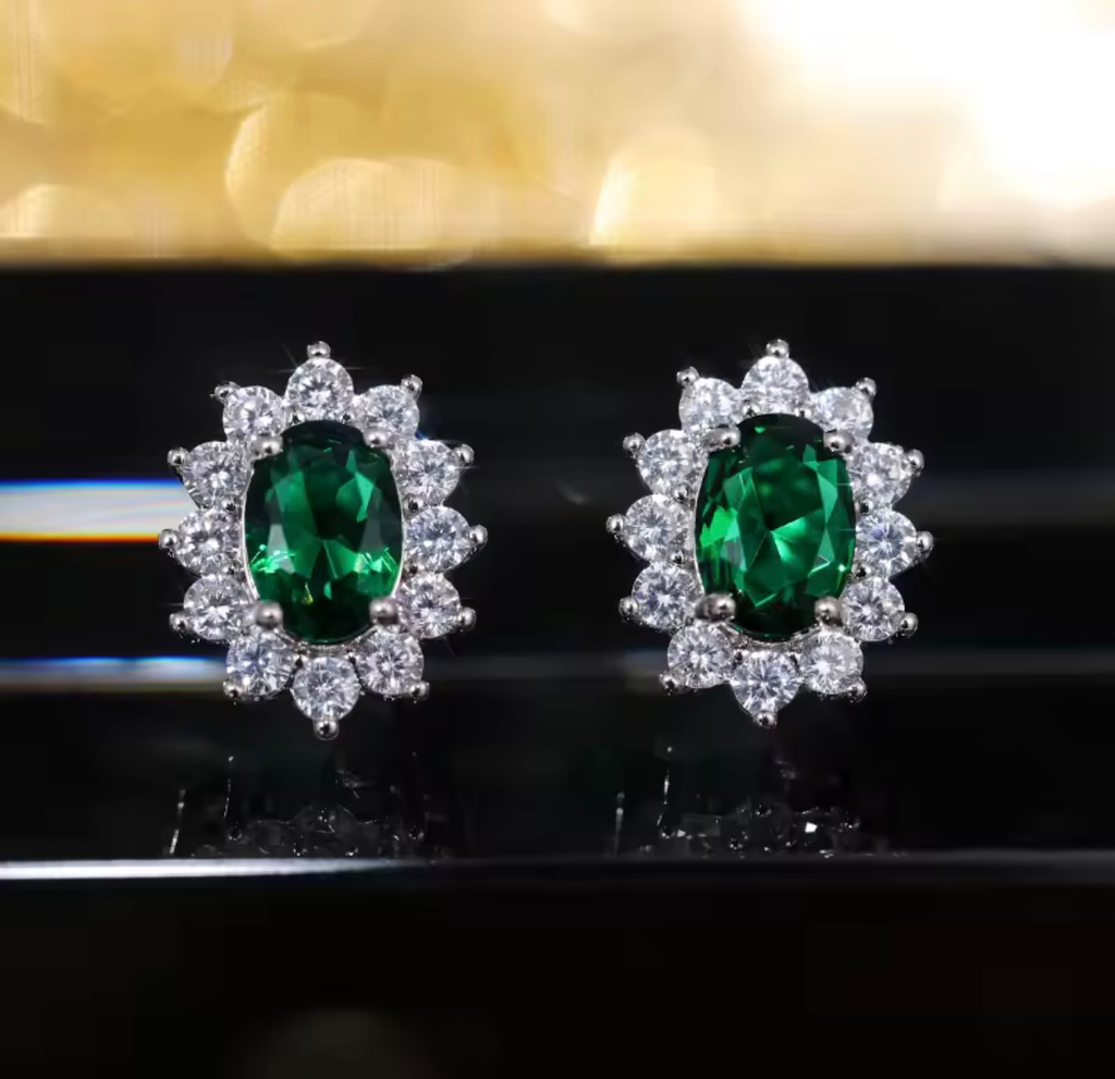 [S201] Arete Studs Diana Esmeralda Plata .925 con baño de rodio