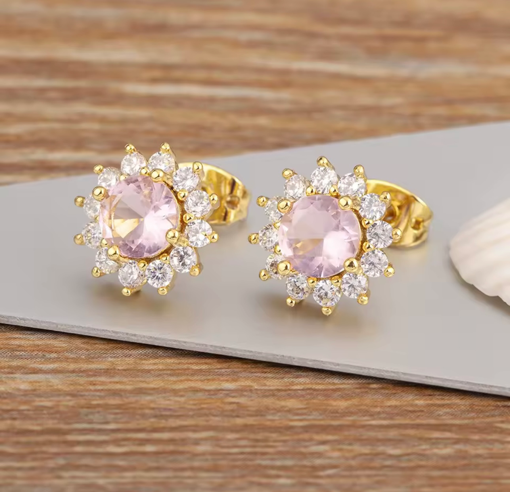 [S208] Arete Studs Eugenia Magenta Dorado Plata .925 con baño de rodio