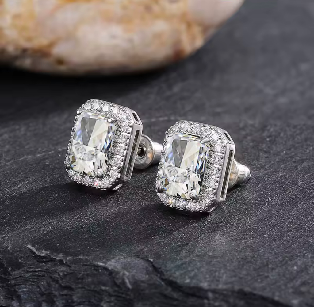 [S209] Arete Studs Cristal Rectangular Plata .925 con baño de rodio