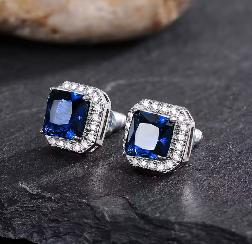 [S227] Arete Studs Zafiro Cuadrado Plata .925 con baño de rodio