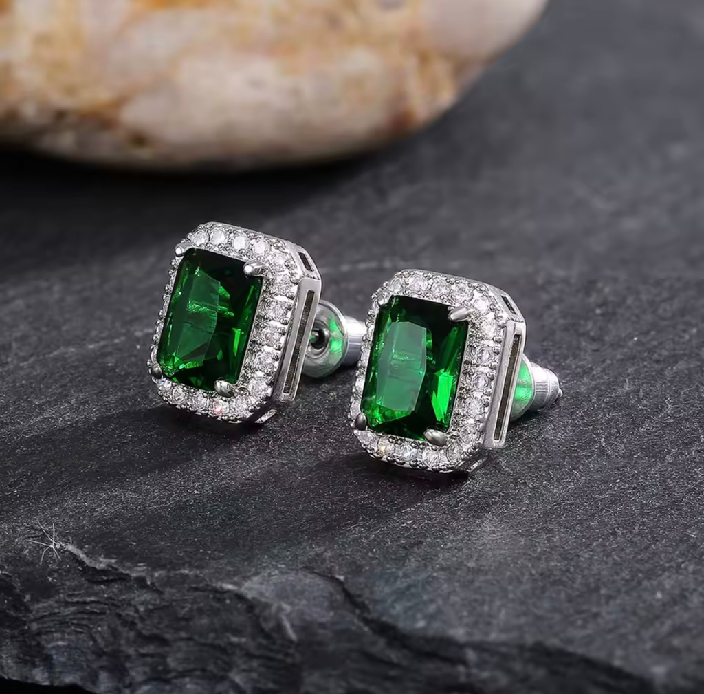 [S228] Arete Studs Esmeralda Rectangular Plata .925 con baño de rodio
