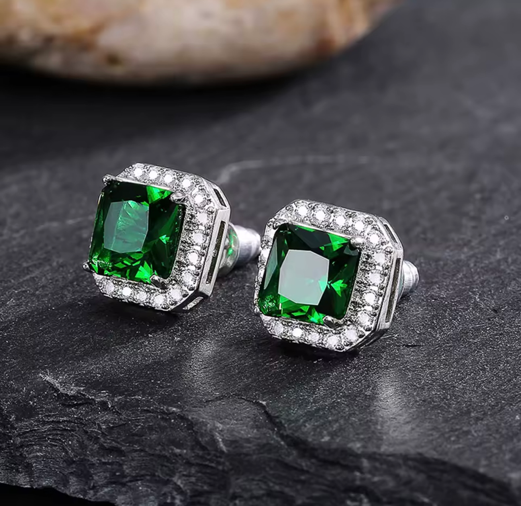 [S229] Arete Studs Esmeralda Cuadrada Plata .925 con baño de rodio