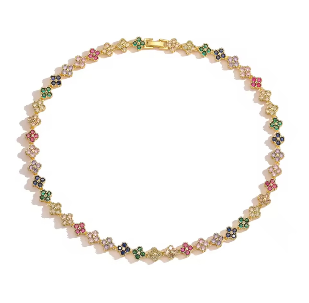 [S508] Collar Tennis Lilia Dorado con Arcoíris Acero inoxidable 