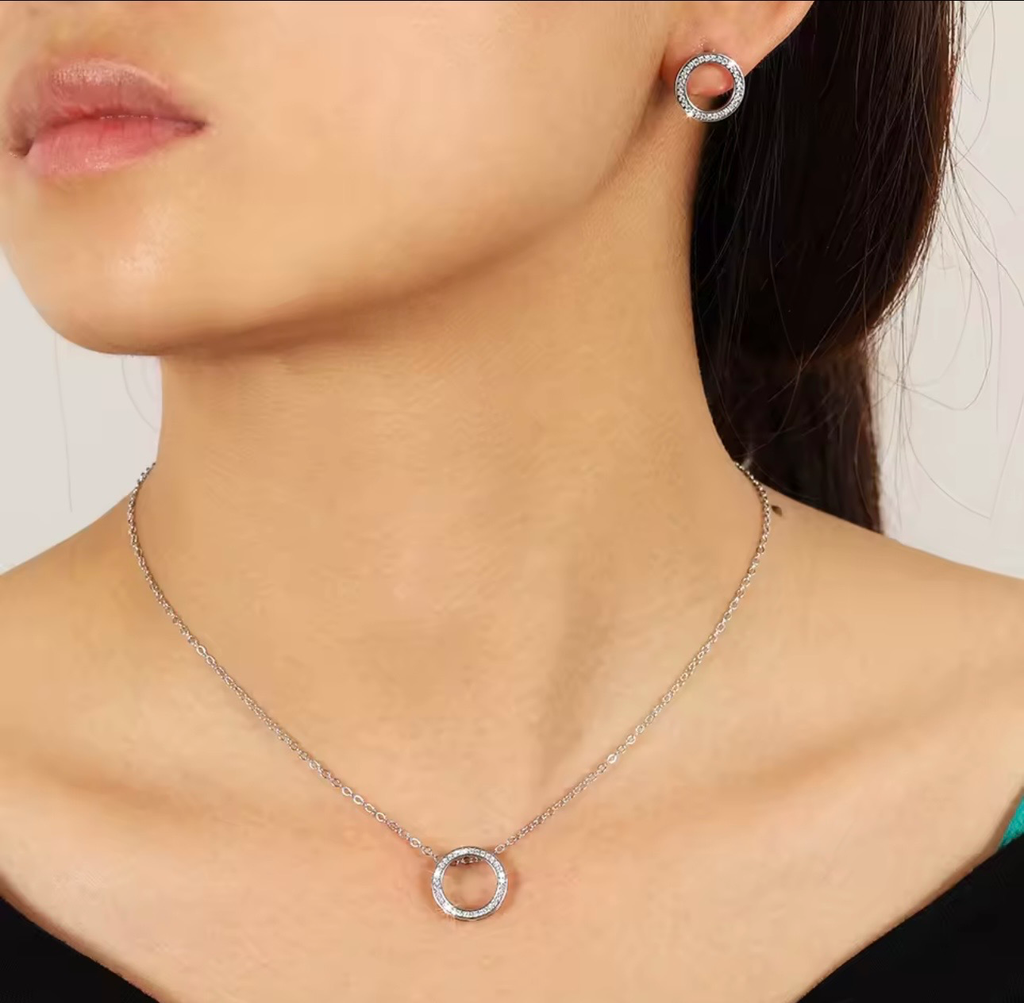 [S608] Set Pandora Círculo de Plata .925 con Rodio color plateado