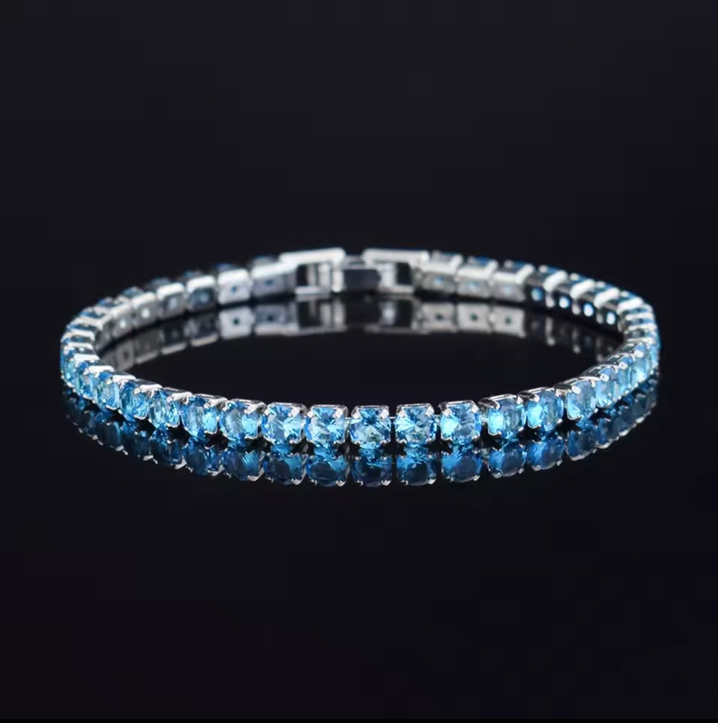 Pulsera Tennis color azul aguamarina Plata .925