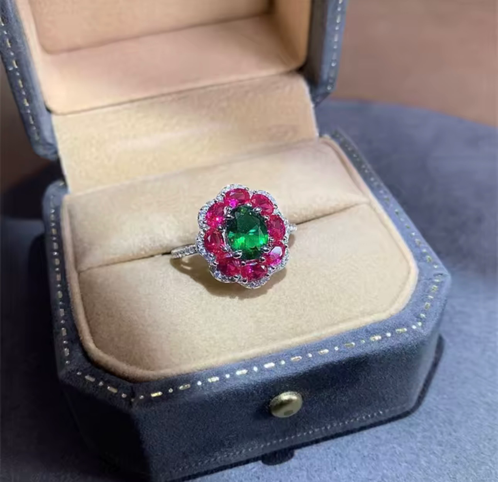 [S340] Anillo Zoe Esmeralda con Rubí Ajustable Plata .925