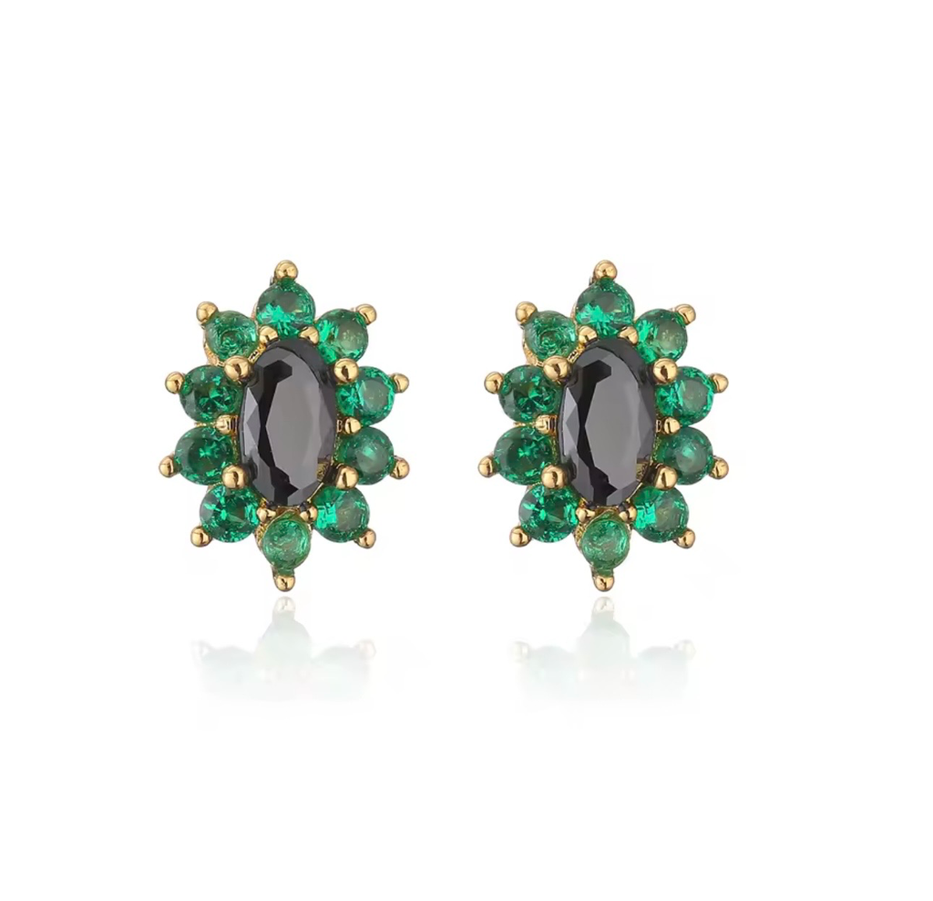 [S245] Arete Mini Studs Lía Negro con Esmeralda baño de oro