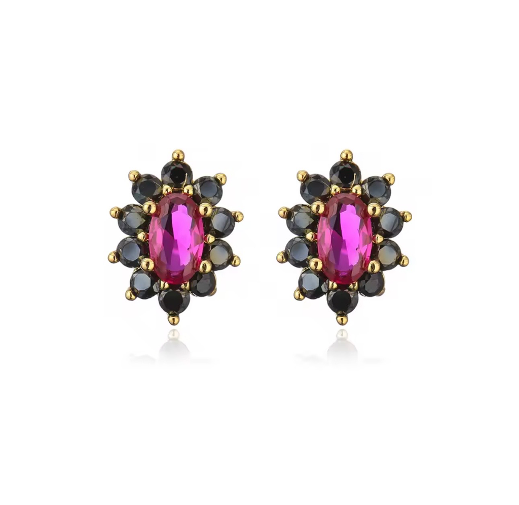 [S246] Arete Mini Studs Lía Negro con Rubí baño de oro